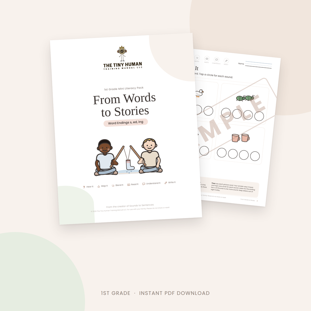 First Grade Mini Literacy Pack: From Words to Stories (Word Endings s, ed, ing)
