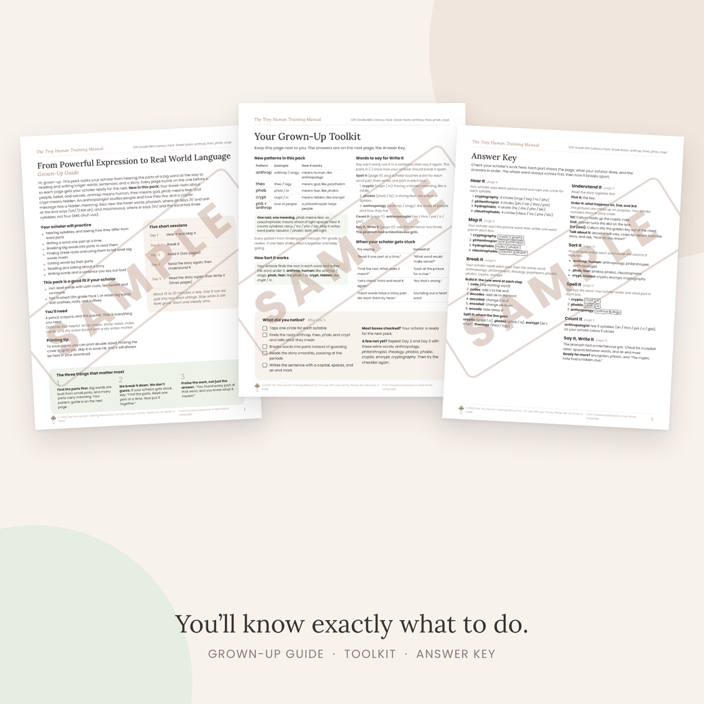 Twelfth Grade Mini Literacy Pack: From Powerful Expression to Real World Language (Greek Roots: anthrop, theo, phob, crypt)